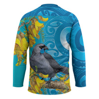 New Zealand Kokako Bird Hockey Jersey Maori Koru With Kowhai Flowers - Polynesian Pride