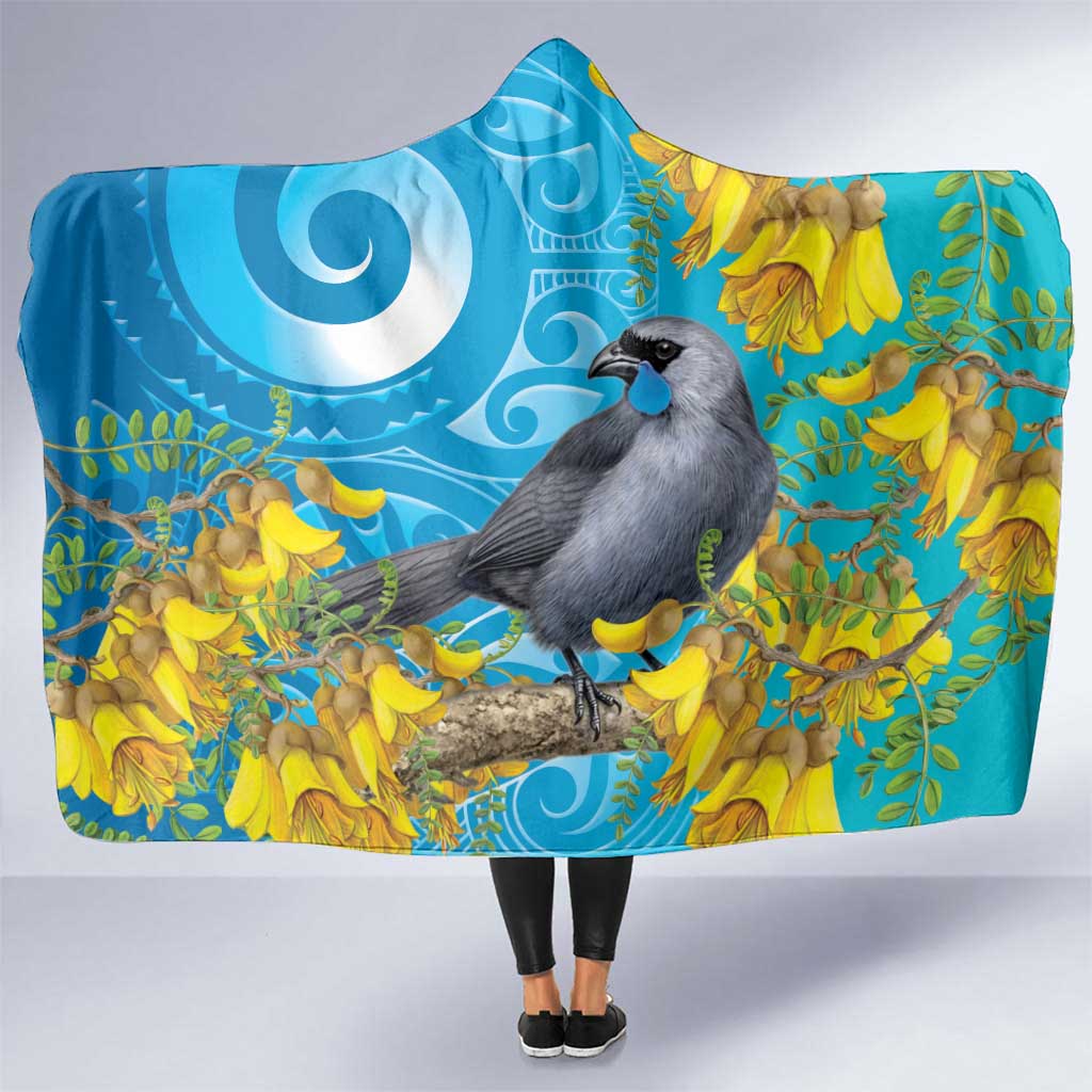 New Zealand Kokako Bird Hooded Blanket Maori Koru With Kowhai Flowers - Polynesian Pride
