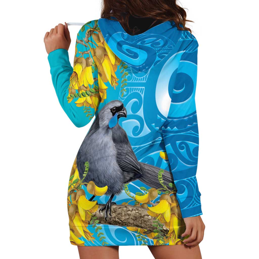 New Zealand Kokako Bird Hoodie Dress Maori Koru With Kowhai Flowers LT05 - Polynesian Pride