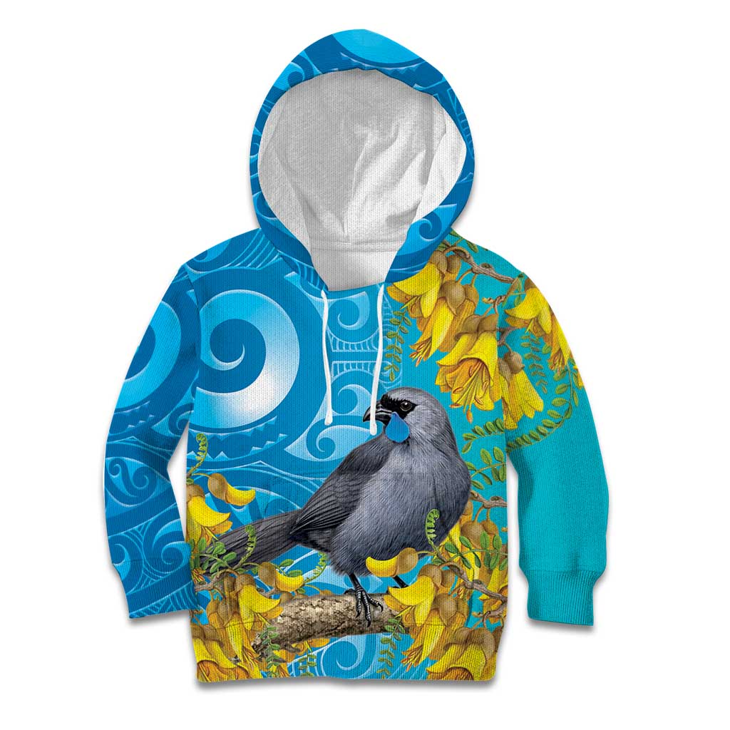 New Zealand Kokako Bird Kid Hoodie Maori Koru With Kowhai Flowers LT05 Hoodie Aqua - Polynesian Pride