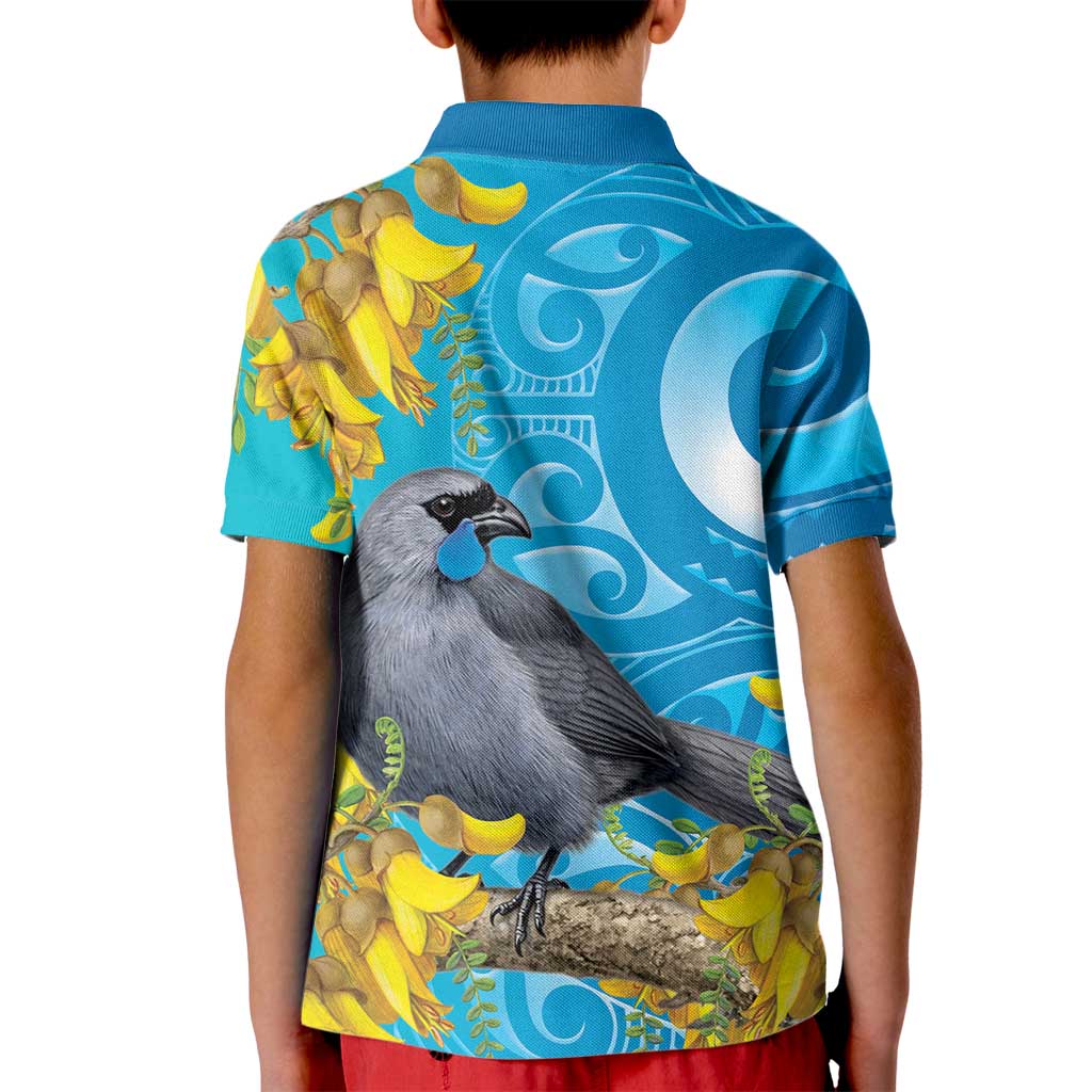 New Zealand Kokako Bird Kid Polo Shirt Maori Koru With Kowhai Flowers LT05 - Polynesian Pride