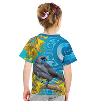New Zealand Kokako Bird Kid T Shirt Maori Koru With Kowhai Flowers LT05 - Polynesian Pride