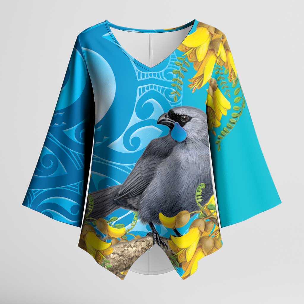 New Zealand Kokako Bird Kimono Sleeve Blouse Maori Koru With Kowhai Flowers - Polynesian Pride