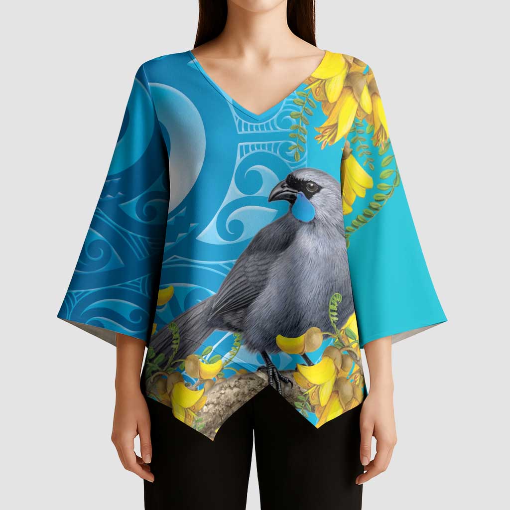 New Zealand Kokako Bird Kimono Sleeve Blouse Maori Koru With Kowhai Flowers - Polynesian Pride