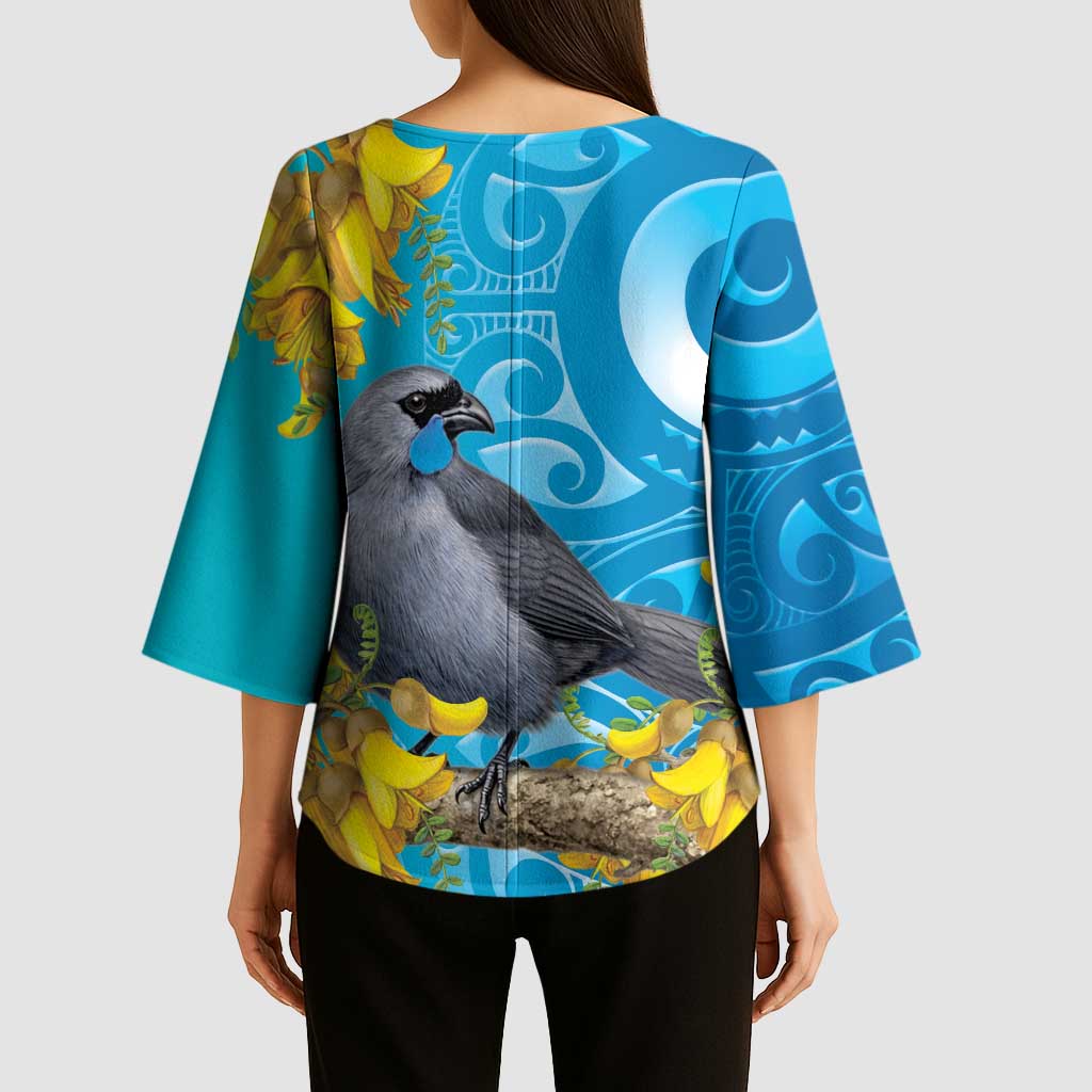 New Zealand Kokako Bird Kimono Sleeve Blouse Maori Koru With Kowhai Flowers - Polynesian Pride