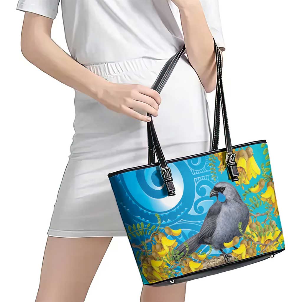 New Zealand Kokako Bird Leather Tote Bag Maori Koru With Kowhai Flowers - Polynesian Pride