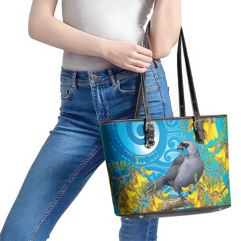 New Zealand Kokako Bird Leather Tote Bag Maori Koru With Kowhai Flowers - Polynesian Pride