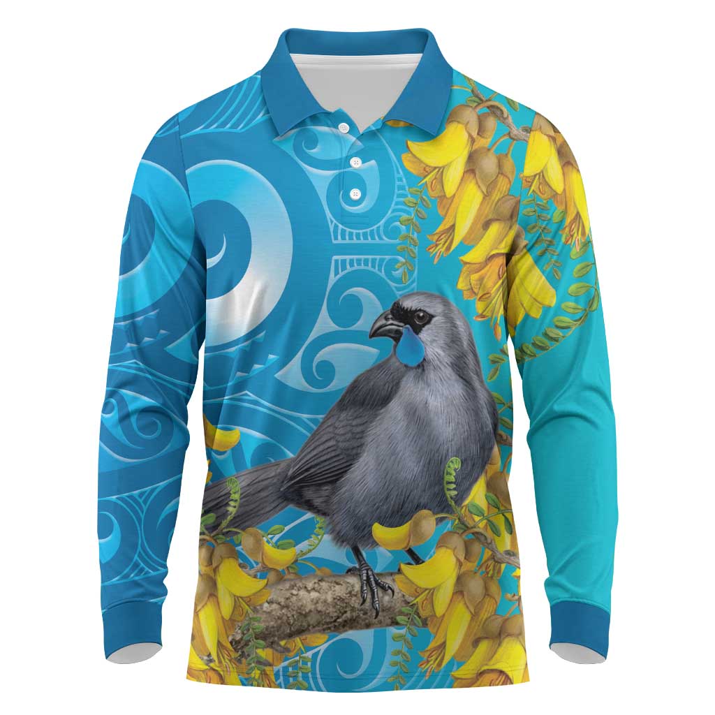New Zealand Kokako Bird Long Sleeve Polo Shirt Maori Koru With Kowhai Flowers LT05 Aqua - Polynesian Pride