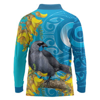 New Zealand Kokako Bird Long Sleeve Polo Shirt Maori Koru With Kowhai Flowers LT05 - Polynesian Pride