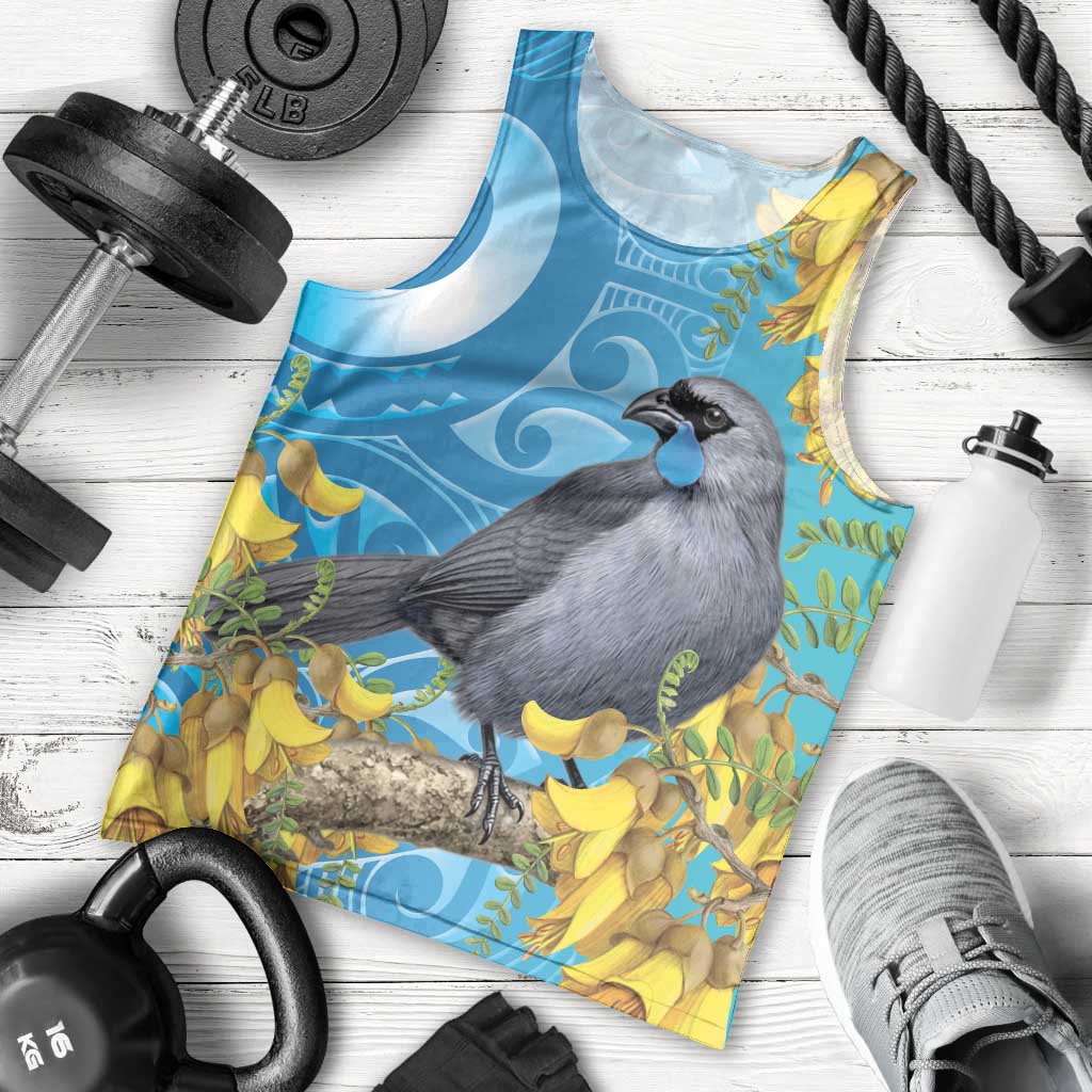 New Zealand Kokako Bird Men Tank Top Maori Koru With Kowhai Flowers - Polynesian Pride