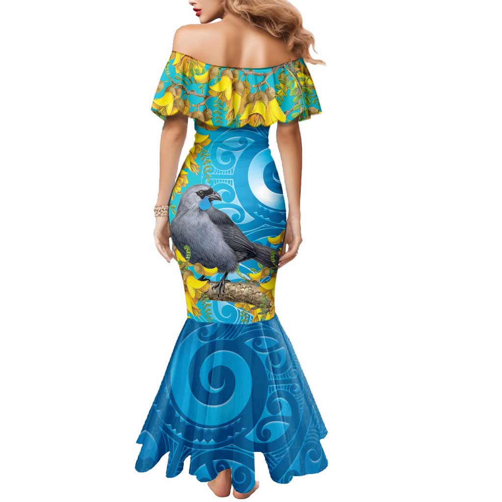 New Zealand Kokako Bird Mermaid Dress Maori Koru With Kowhai Flowers LT05 - Polynesian Pride