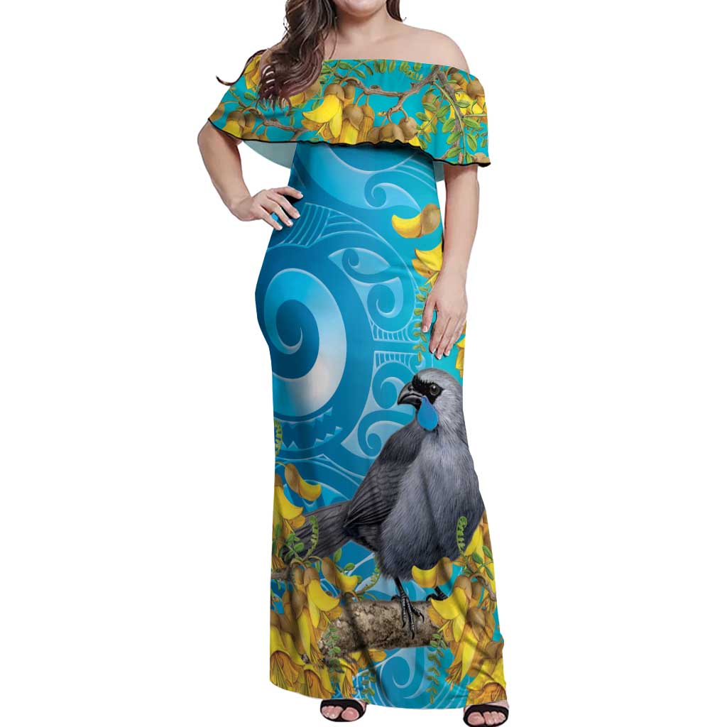 New Zealand Kokako Bird Off Shoulder Maxi Dress Maori Koru With Kowhai Flowers LT05 Women Aqua - Polynesian Pride