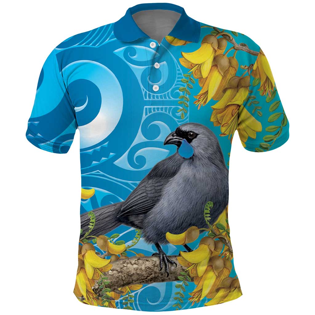 New Zealand Kokako Bird Polo Shirt Maori Koru With Kowhai Flowers LT05 Aqua - Polynesian Pride