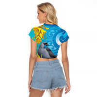New Zealand Kokako Bird Raglan Cropped T Shirt Maori Koru With Kowhai Flowers LT05 - Polynesian Pride