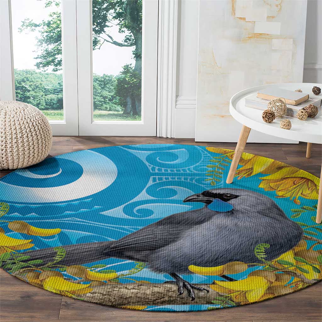 New Zealand Kokako Bird Round Carpet Maori Koru With Kowhai Flowers - Polynesian Pride
