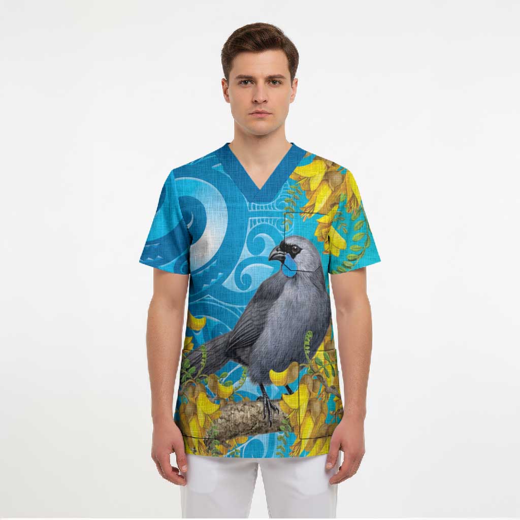 New Zealand Kokako Bird Scrub Top Maori Koru With Kowhai Flowers - Polynesian Pride