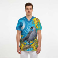 New Zealand Kokako Bird Scrub Top Maori Koru With Kowhai Flowers - Polynesian Pride