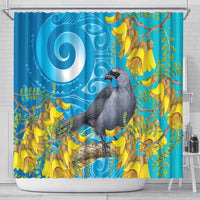 New Zealand Kokako Bird Shower Curtain Maori Koru With Kowhai Flowers - Polynesian Pride