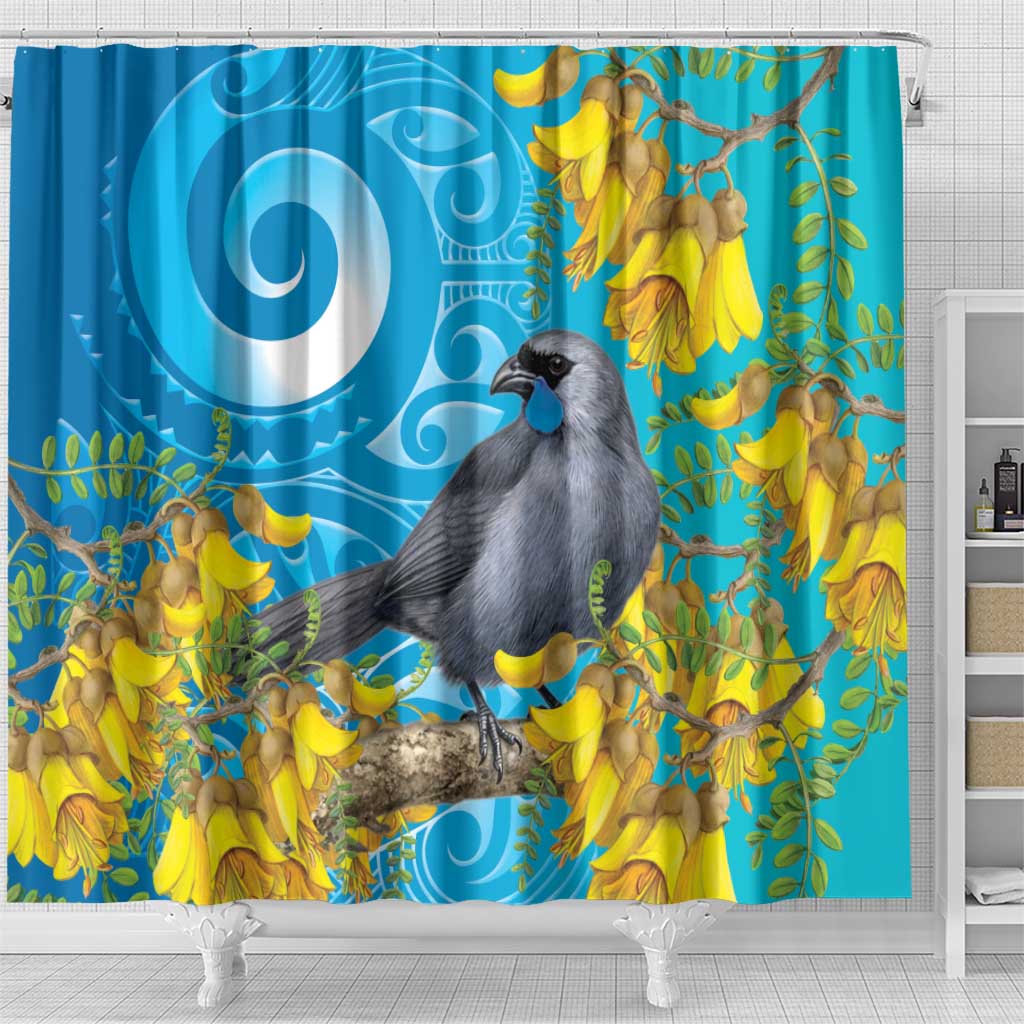 New Zealand Kokako Bird Shower Curtain Maori Koru With Kowhai Flowers - Polynesian Pride