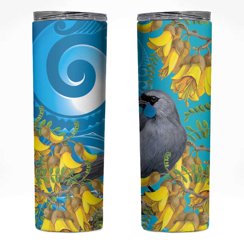 New Zealand Kokako Bird Skinny Tumbler Maori Koru With Kowhai Flowers LT05 Aqua - Polynesian Pride
