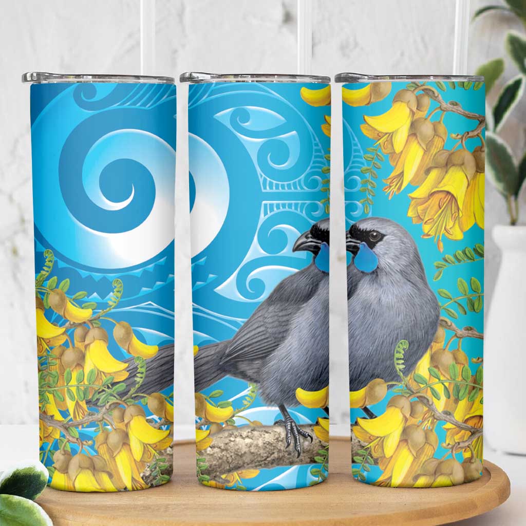 New Zealand Kokako Bird Skinny Tumbler Maori Koru With Kowhai Flowers LT05 - Polynesian Pride