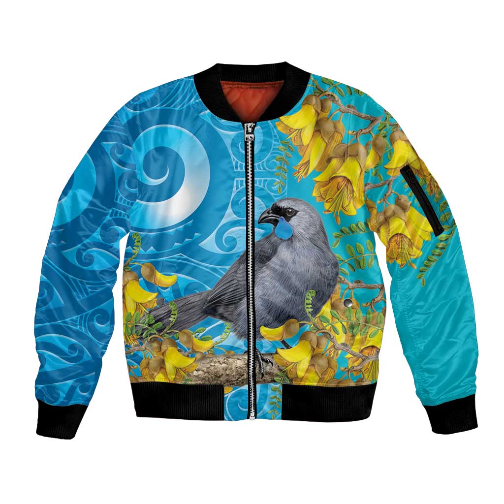 New Zealand Kokako Bird Sleeve Zip Bomber Jacket Maori Koru With Kowhai Flowers - Polynesian Pride