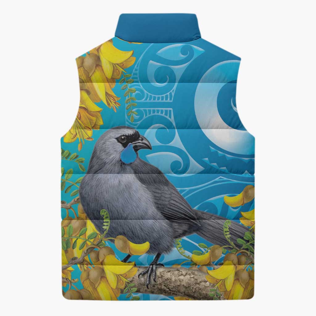 New Zealand Kokako Bird Sleeveless Puffer Jacket Maori Koru With Kowhai Flowers - Polynesian Pride