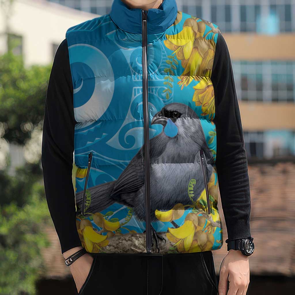 New Zealand Kokako Bird Sleeveless Puffer Jacket Maori Koru With Kowhai Flowers - Polynesian Pride