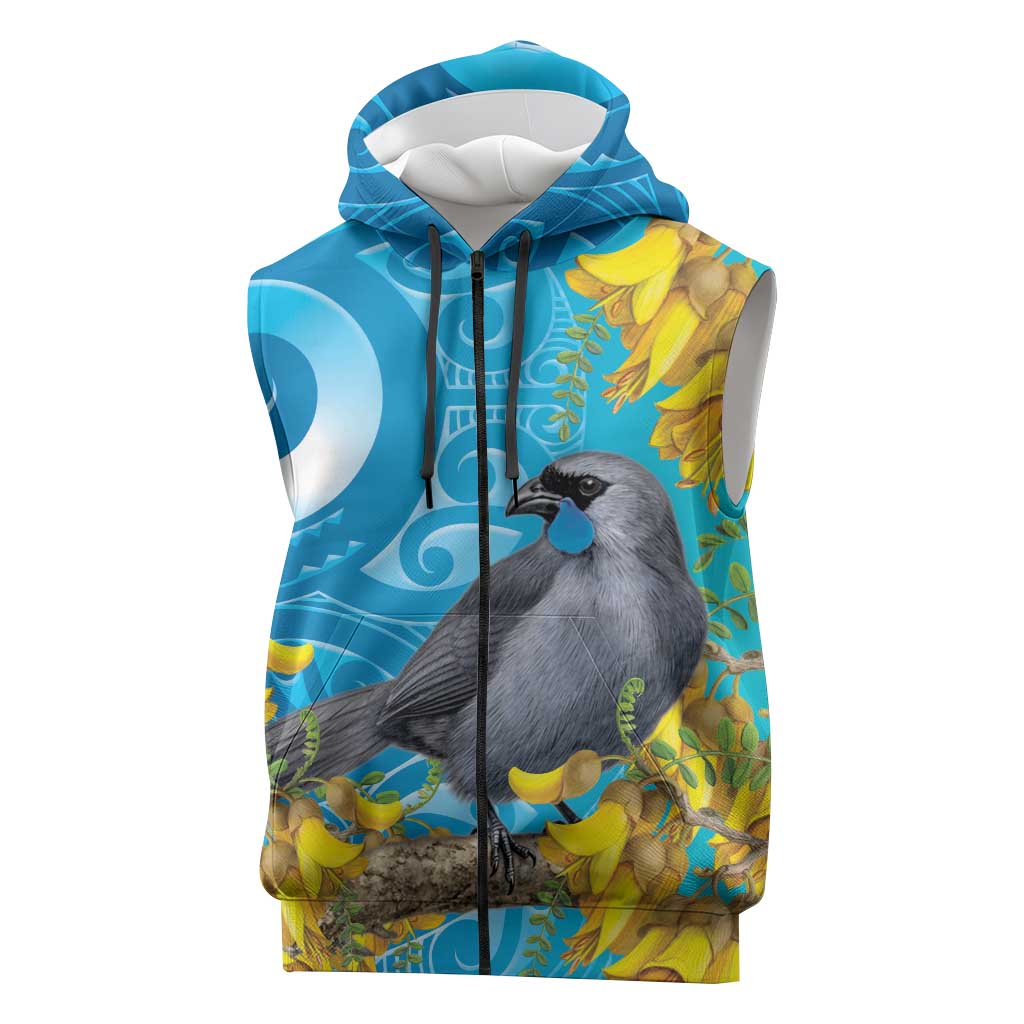 New Zealand Kokako Bird Sleeveless Zip Hoodie Maori Koru With Kowhai Flowers - Polynesian Pride