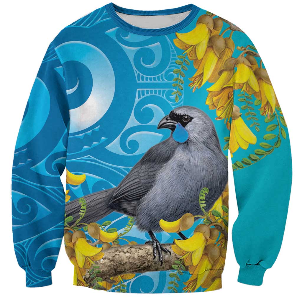 New Zealand Kokako Bird Sweatshirt Maori Koru With Kowhai Flowers - Polynesian Pride