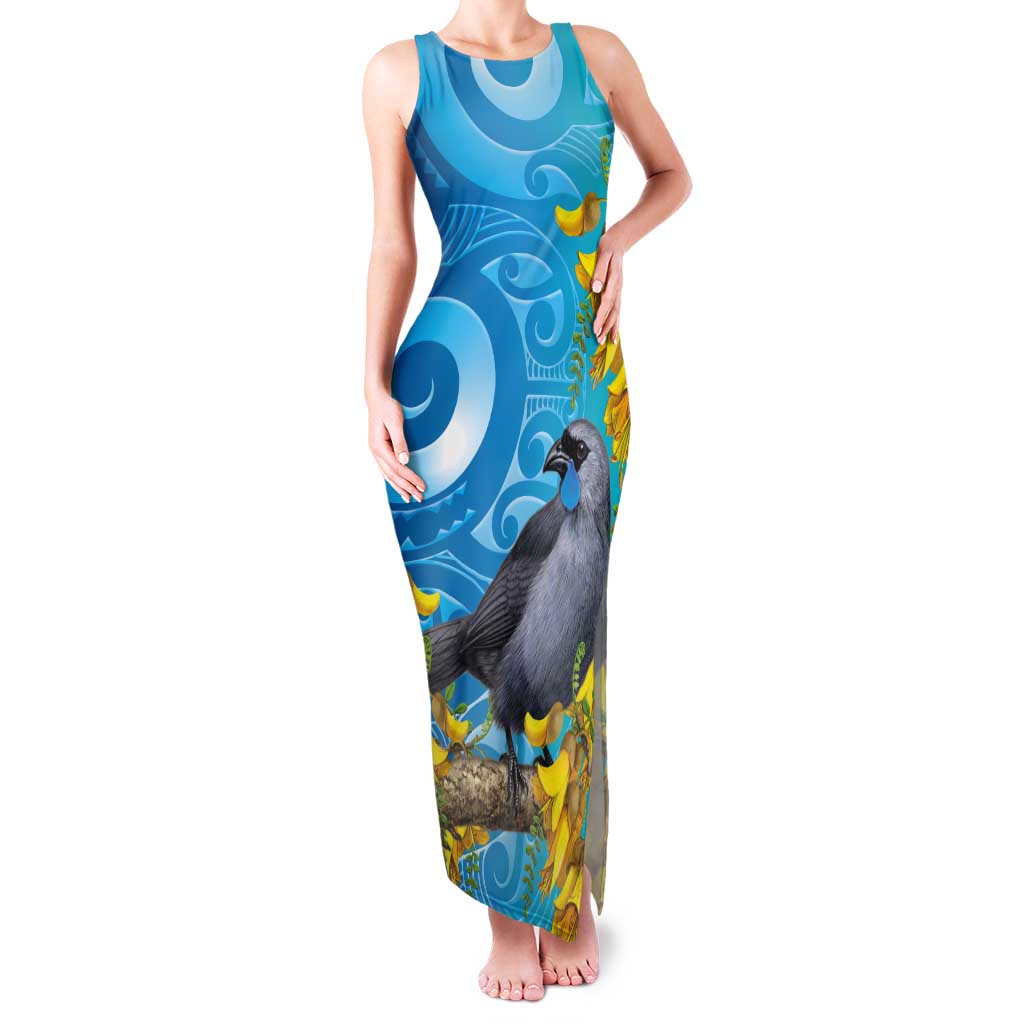 New Zealand Kokako Bird Tank Maxi Dress Maori Koru With Kowhai Flowers LT05 Women Aqua - Polynesian Pride