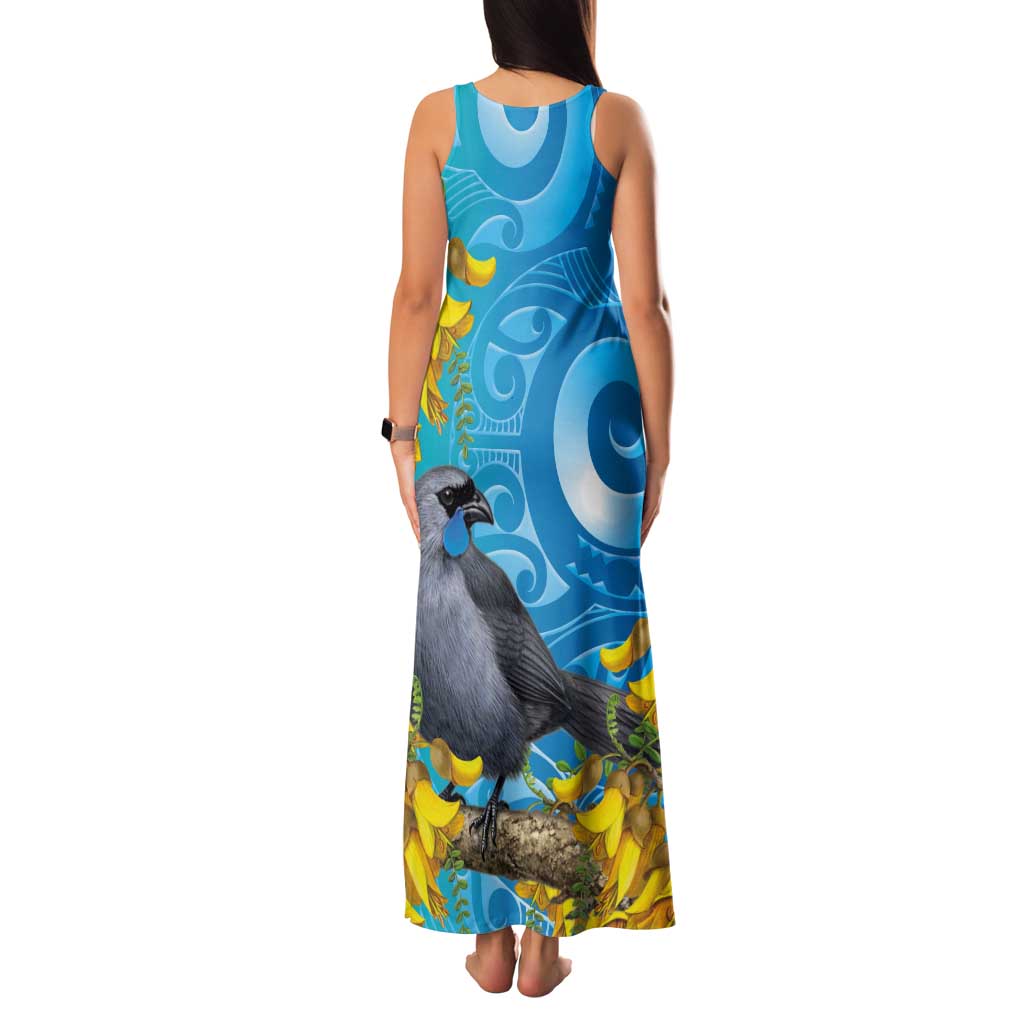 New Zealand Kokako Bird Tank Maxi Dress Maori Koru With Kowhai Flowers LT05 - Polynesian Pride