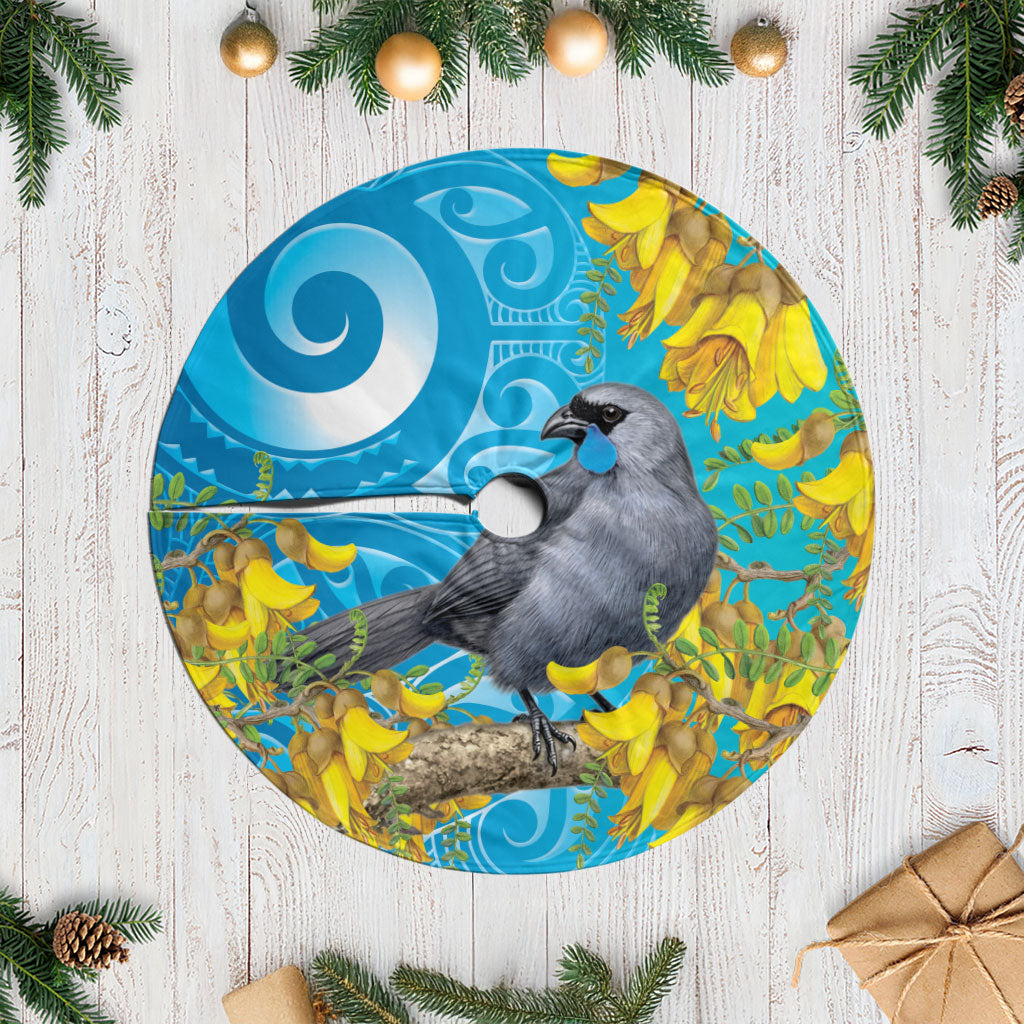 New Zealand Kokako Bird Tree Skirt Maori Koru With Kowhai Flowers LT05 Casual Aqua - Polynesian Pride