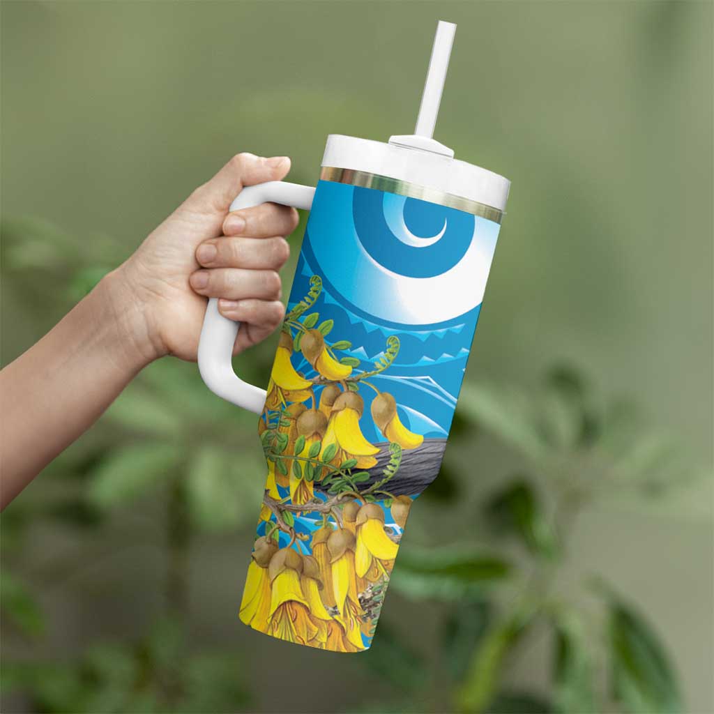 New Zealand Kokako Bird Tumbler With Handle Maori Koru With Kowhai Flowers - Polynesian Pride