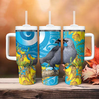 New Zealand Kokako Bird Tumbler With Handle Maori Koru With Kowhai Flowers - Polynesian Pride