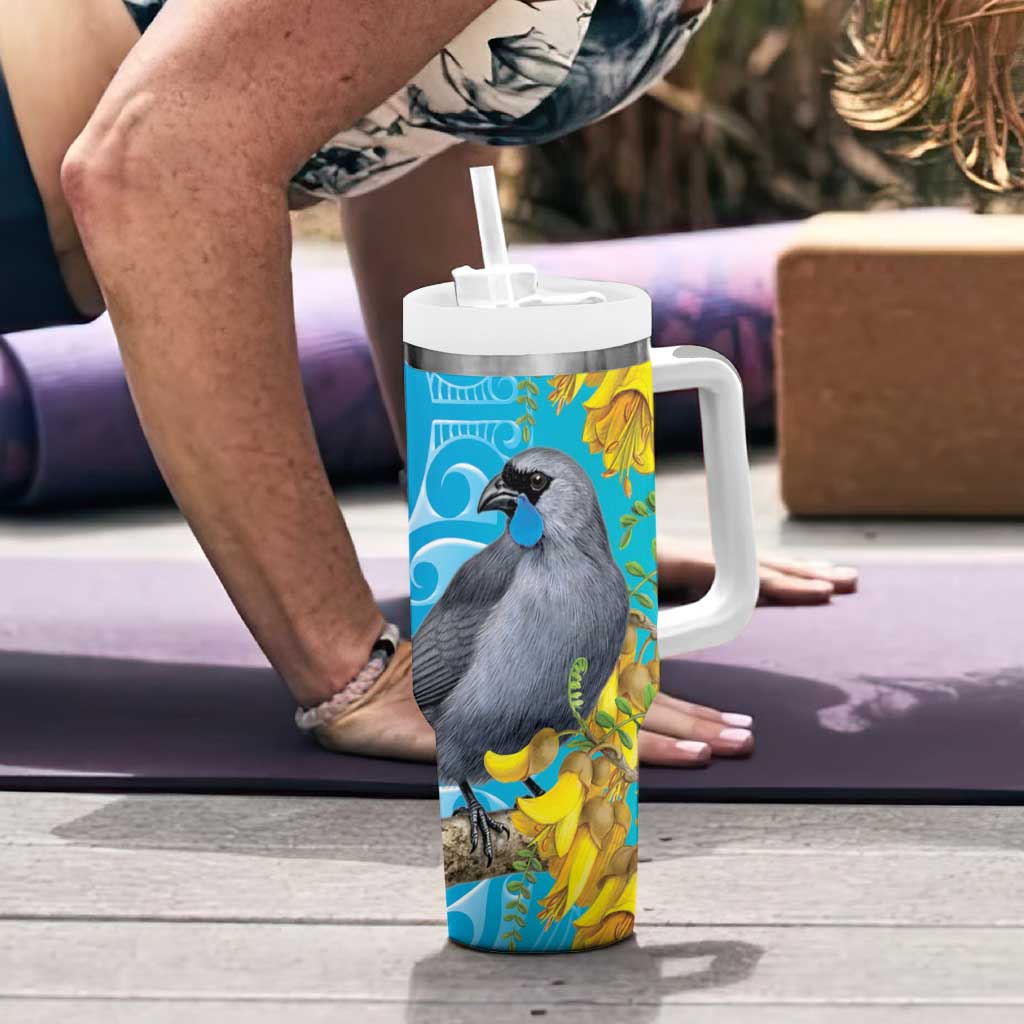 New Zealand Kokako Bird Tumbler With Handle Maori Koru With Kowhai Flowers - Polynesian Pride