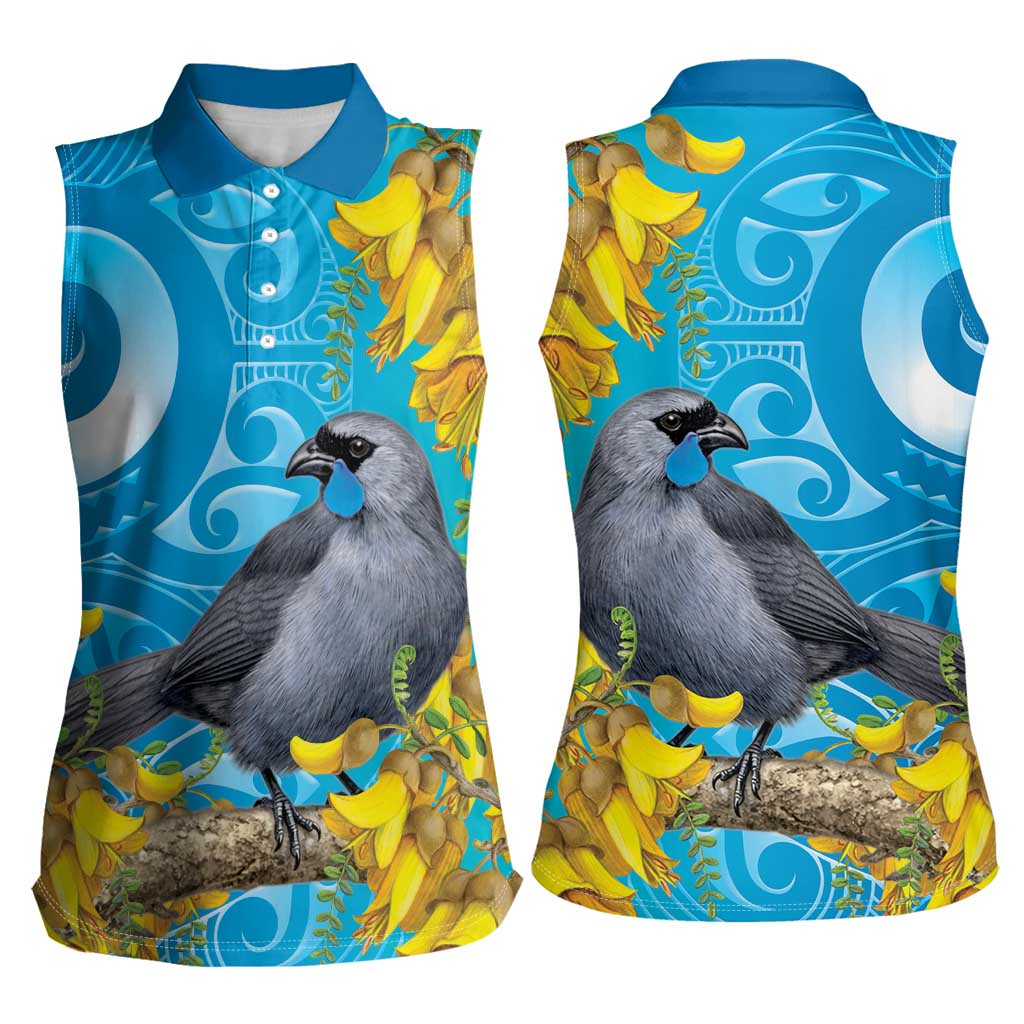 New Zealand Kokako Bird Women Sleeveless Polo Shirt Maori Koru With Kowhai Flowers LT05 - Polynesian Pride