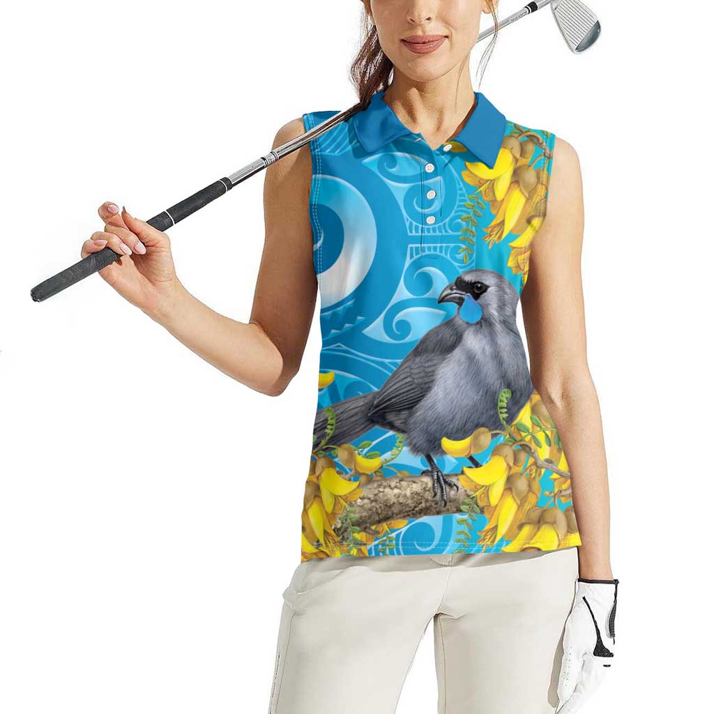 New Zealand Kokako Bird Women Sleeveless Polo Shirt Maori Koru With Kowhai Flowers LT05 - Polynesian Pride