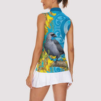 New Zealand Kokako Bird Women Sleeveless Polo Shirt Maori Koru With Kowhai Flowers LT05 - Polynesian Pride