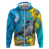 New Zealand Kokako Bird Zip Hoodie Maori Koru With Kowhai Flowers LT05 Zip Hoodie Aqua - Polynesian Pride