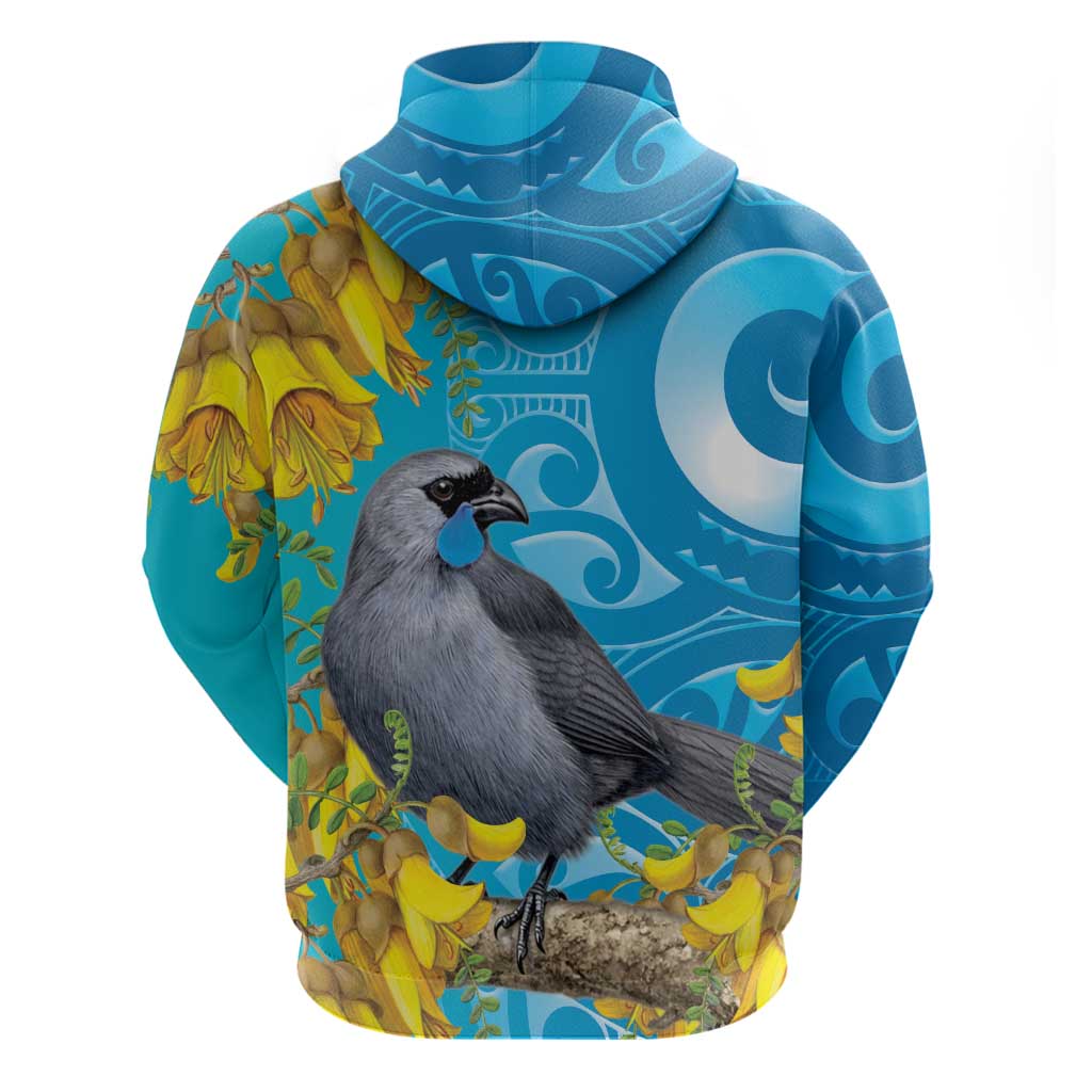 New Zealand Kokako Bird Zip Hoodie Maori Koru With Kowhai Flowers LT05 - Polynesian Pride