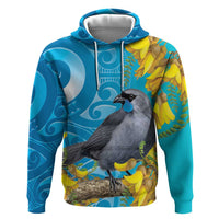 New Zealand Kokako Bird Zip Hoodie Maori Koru With Kowhai Flowers LT05 Pullover Hoodie Aqua - Polynesian Pride