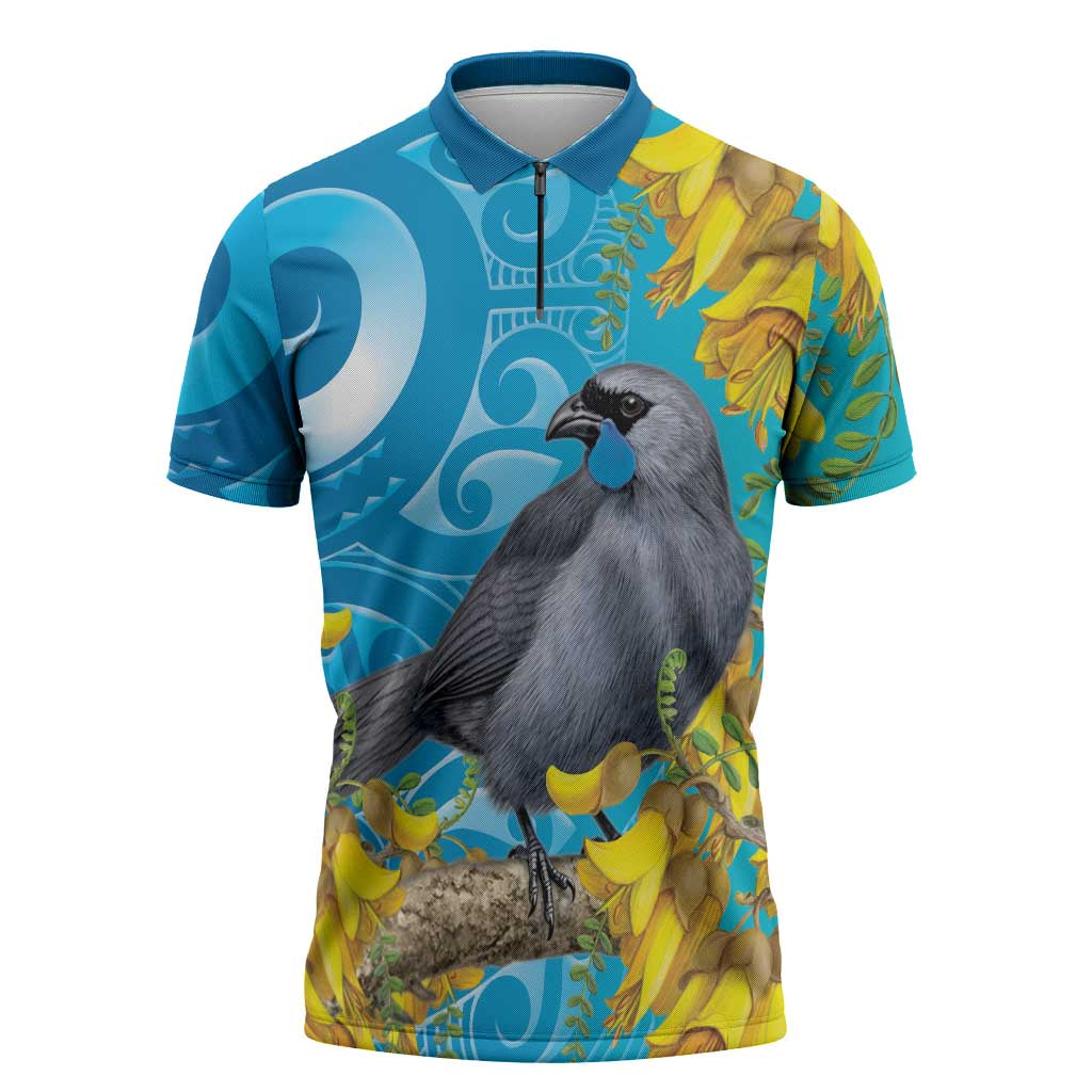 New Zealand Kokako Bird Zipper Polo Shirt Maori Koru With Kowhai Flowers LT05 Aqua - Polynesian Pride