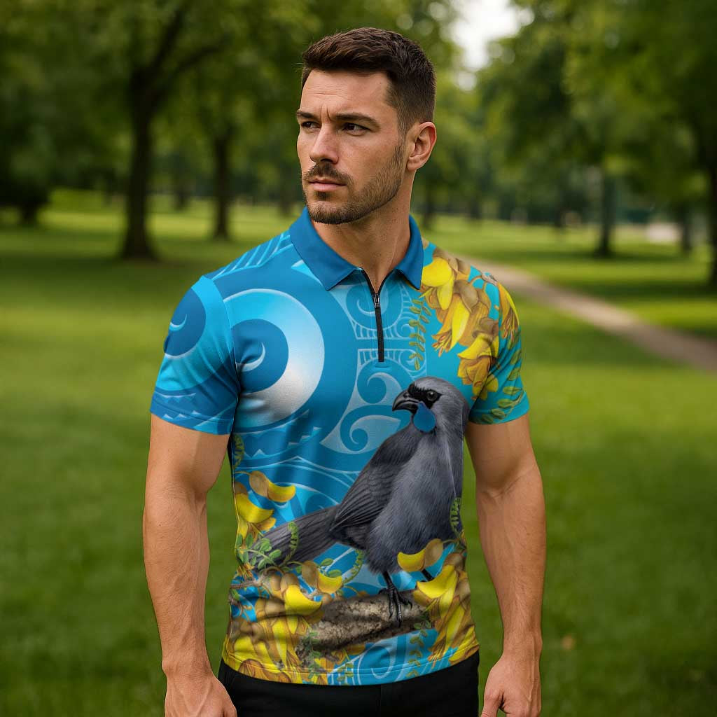 New Zealand Kokako Bird Zipper Polo Shirt Maori Koru With Kowhai Flowers LT05 - Polynesian Pride
