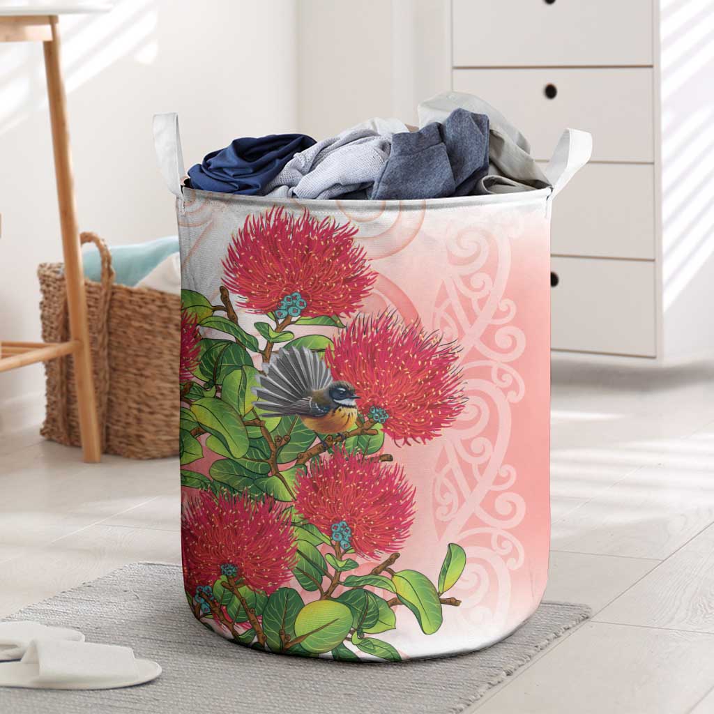 New Zealand Fantail Laundry Basket Maori Koru With Pohutukawa Flowers - Polynesian Pride