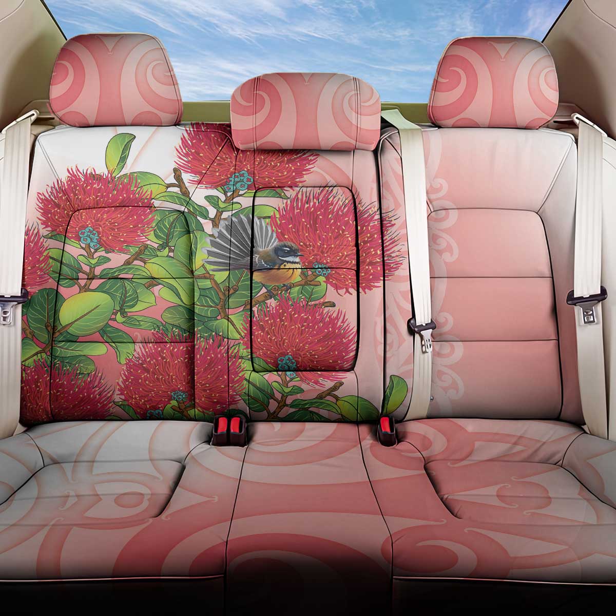 New Zealand Fantail Back Car Seat Cover Maori Koru With Pohutukawa Flowers LT05 One Size Red - Polynesian Pride