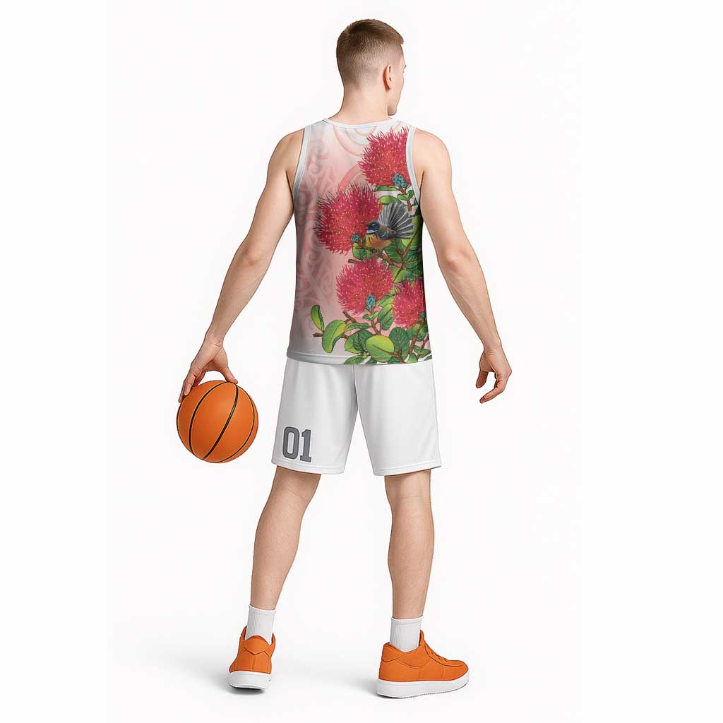 New Zealand Fantail Basketball Jersey Maori Koru With Pohutukawa Flowers LT05 - Polynesian Pride