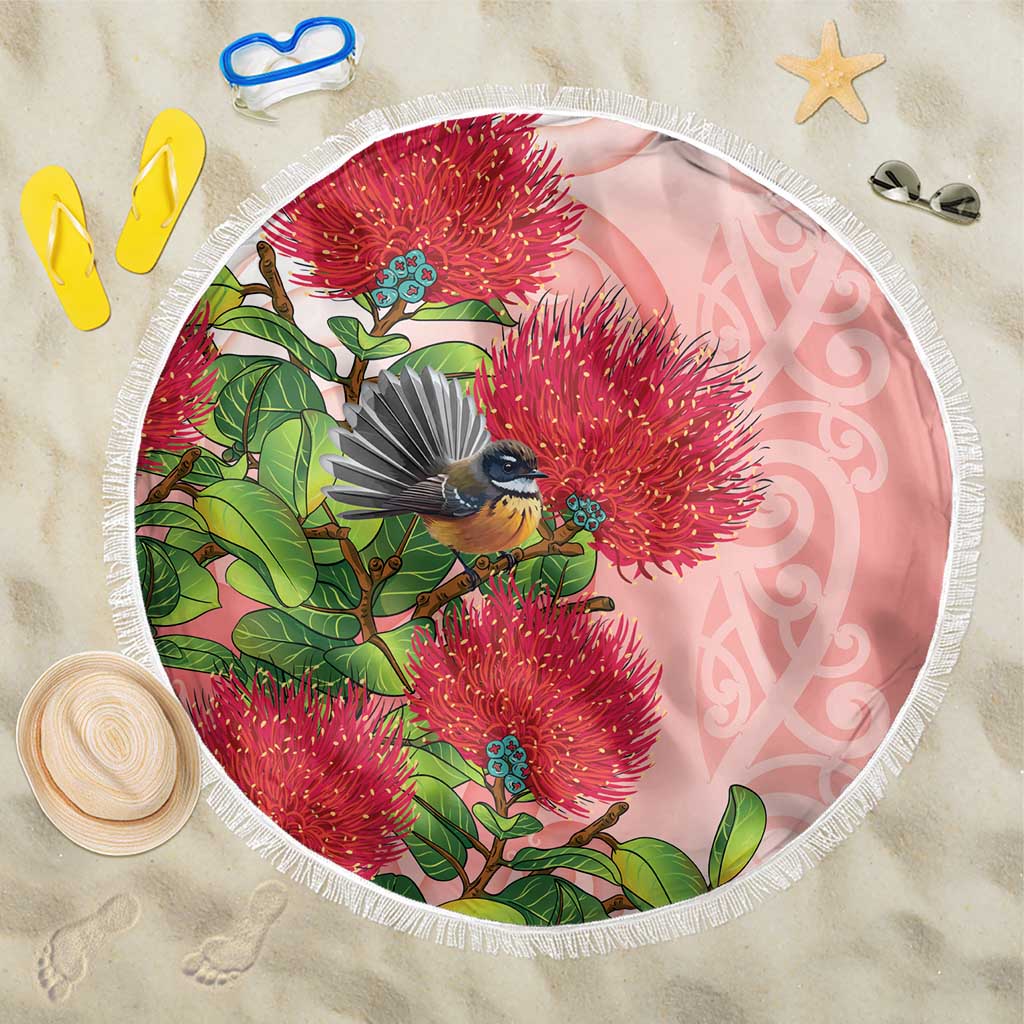 New Zealand Fantail Beach Blanket Maori Koru With Pohutukawa Flowers - Polynesian Pride