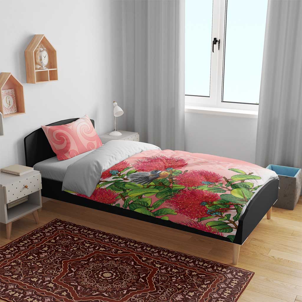 New Zealand Fantail Bedding Set Maori Koru With Pohutukawa Flowers - Polynesian Pride