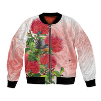 New Zealand Fantail Bomber Jacket Maori Koru With Pohutukawa Flowers - Polynesian Pride